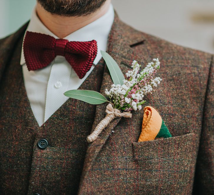 Groom in Walker Slater Tweed Suit, Bow Tie & Buttonhole