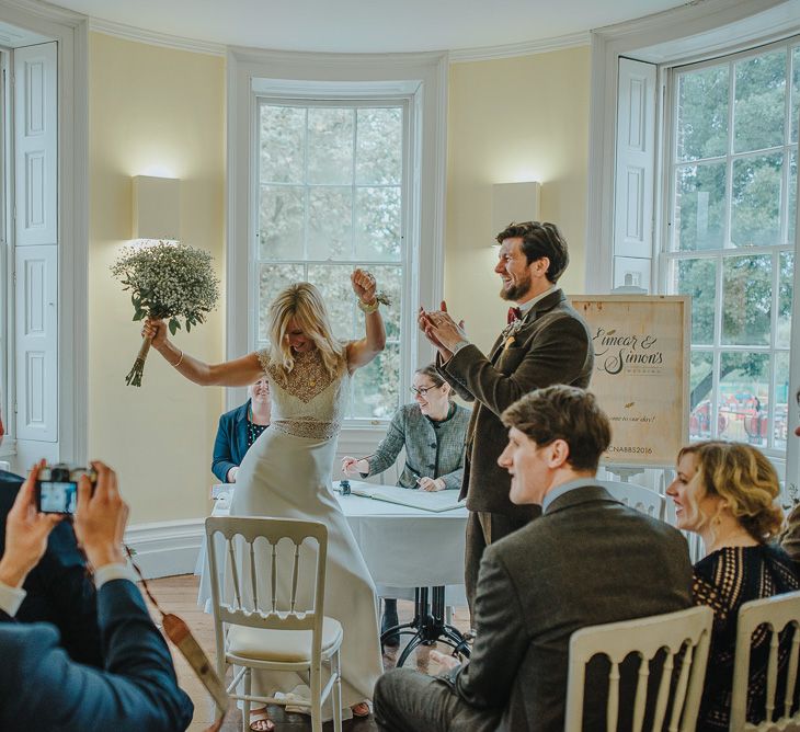 Clissold House Wedding Ceremony | Bride in Anais Anette Savannah Bridal Gown & Groom in Walker Slater Tweed Suit