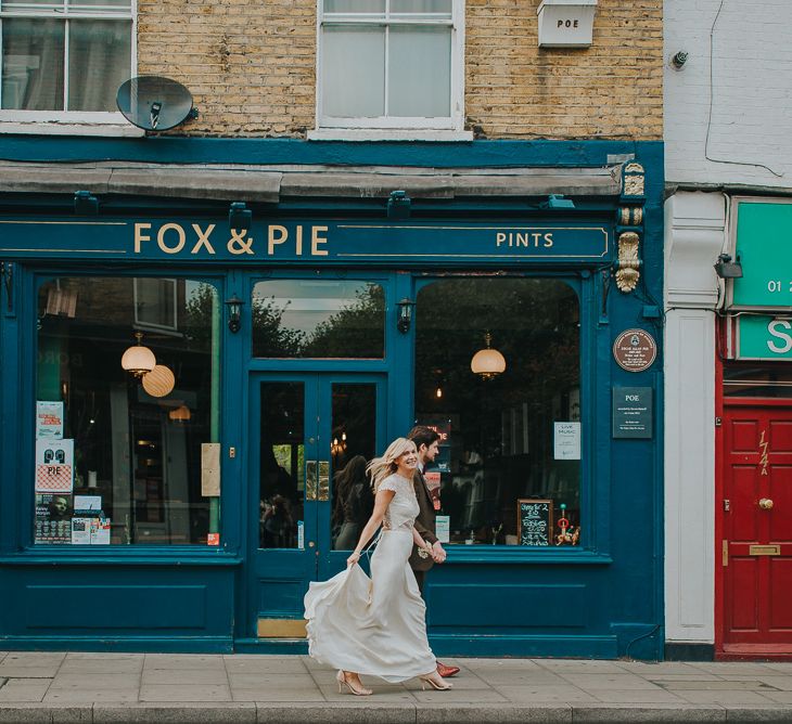 Urban Portraits with Bride in Anais Anette Savannah Bridal Gown & Groom in Walker Slater Tweed Suit