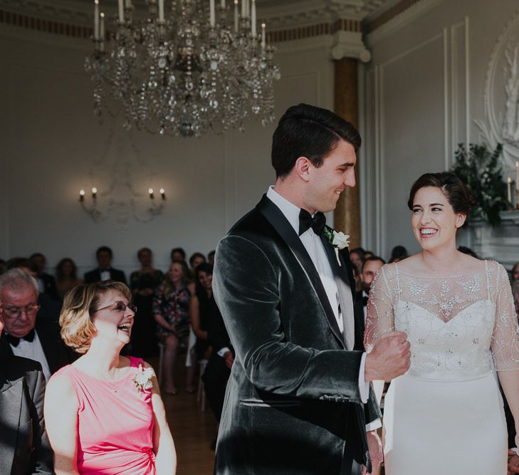 Classic Black Tie Wedding With Bride In Maggie Sottero Embellished Jacket Navy & Gold Colour Palette At Rockbeare Manor With Images By Kate Gray Photography