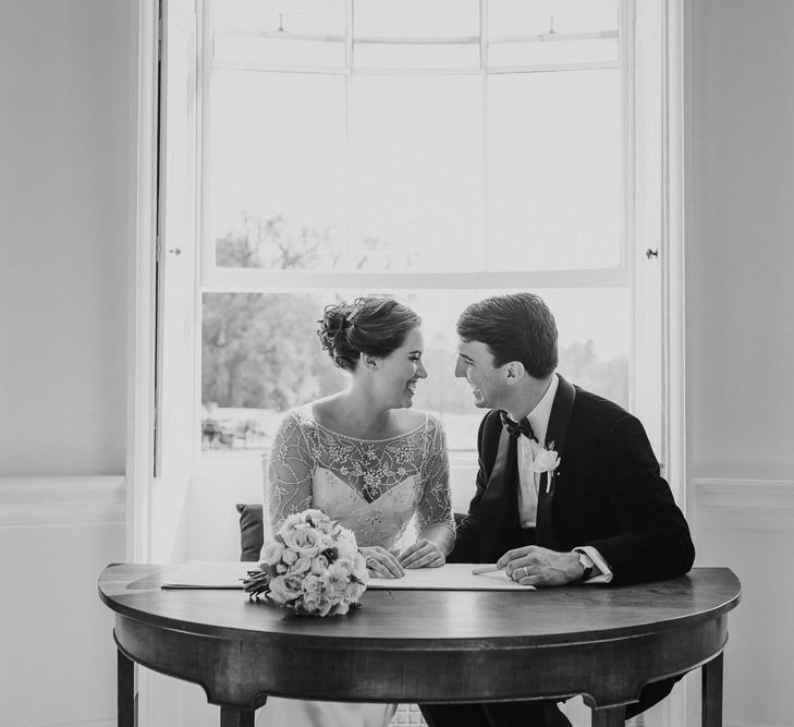 Classic Black Tie Wedding With Bride In Maggie Sottero Embellished Jacket Navy & Gold Colour Palette At Rockbeare Manor With Images By Kate Gray Photography