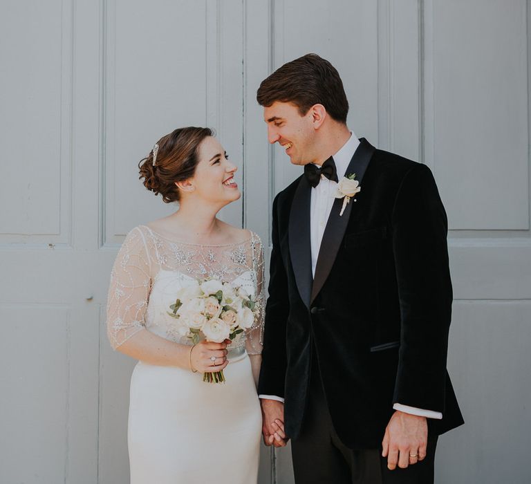 Classic Black Tie Wedding With Bride In Maggie Sottero Embellished Jacket Navy & Gold Colour Palette At Rockbeare Manor With Images By Kate Gray Photography