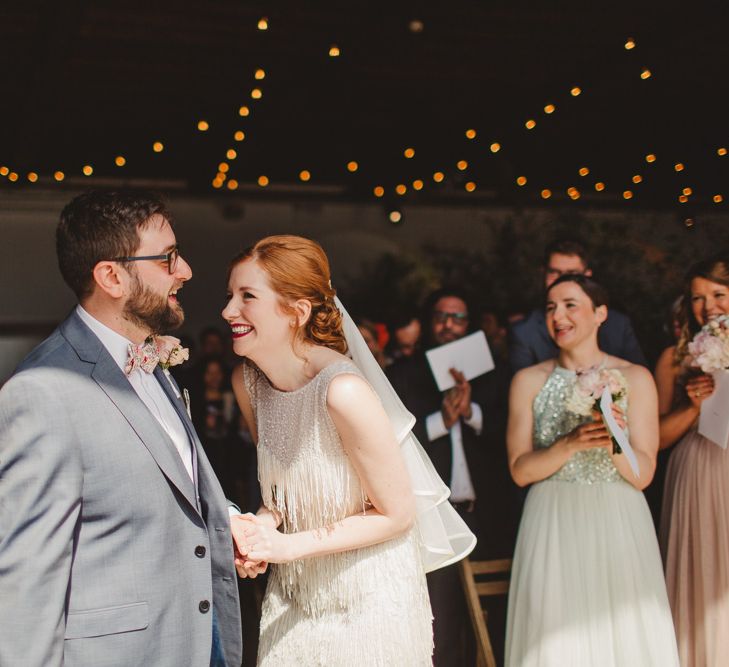 Elegant Wedding Trinity Buoy Wharf Foliage Installation & Festoon Light Decor With Bride In 20s Inspired Gown By Poppy Perspective Images Frances Sales