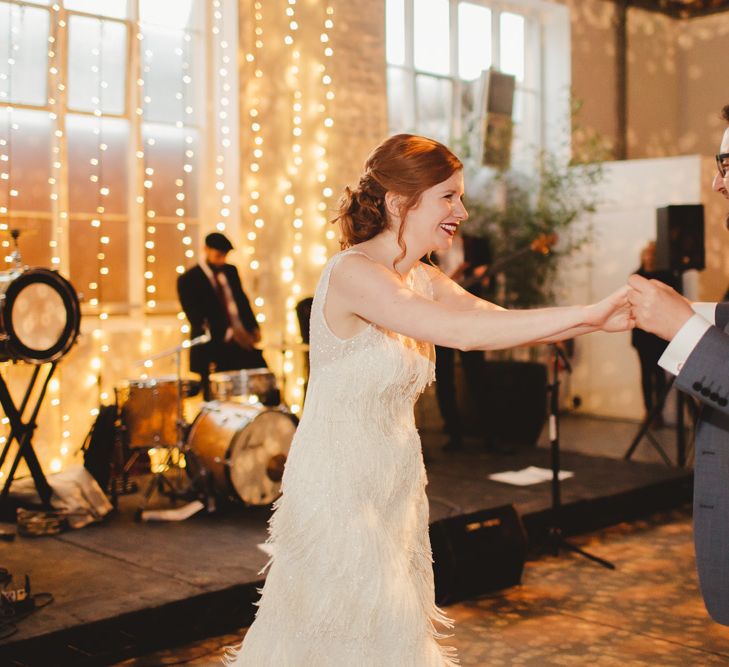 Elegant Wedding Trinity Buoy Wharf Foliage Installation & Festoon Light Decor With Bride In 20s Inspired Gown By Poppy Perspective Images Frances Sales