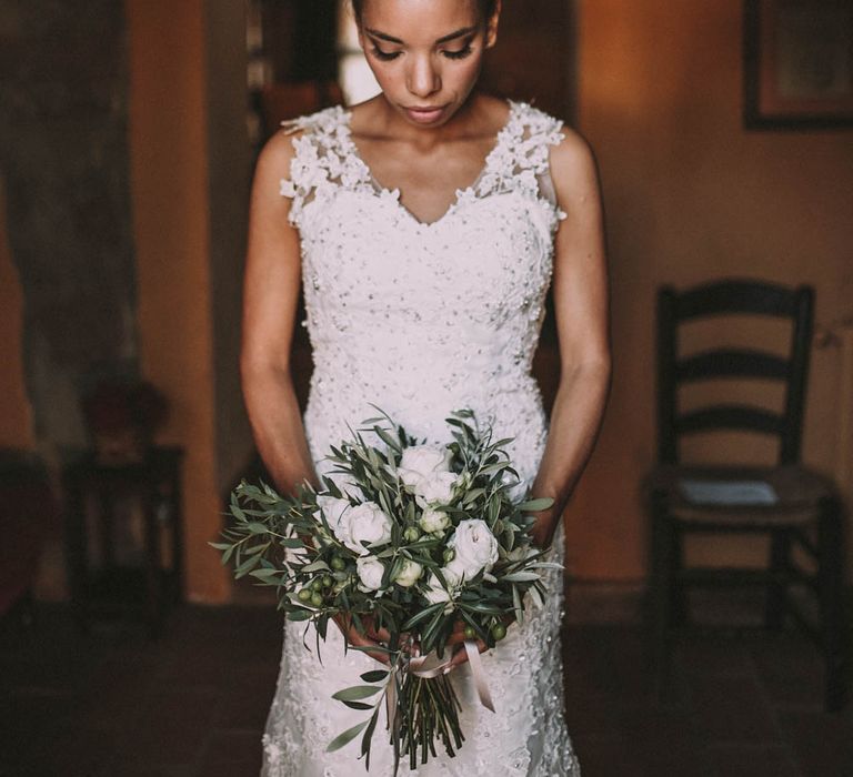 Elegant Bride in Pre Owned Lace Wedding Dress