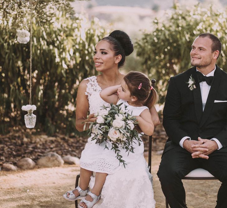 Bride, Groom & Daughter at Outdoor Spanish Wedding Ceremony