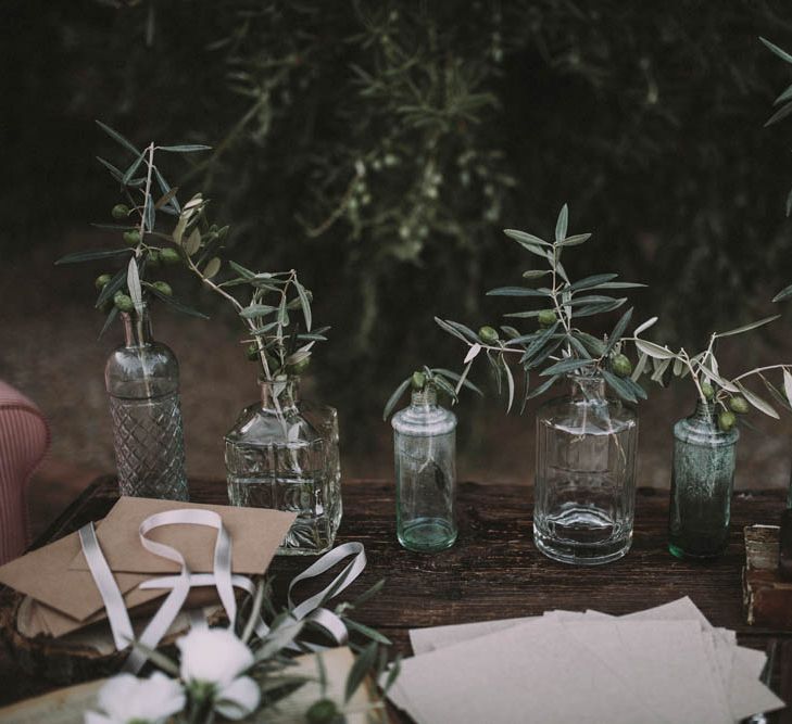 Green Bottles with Olive Branches Wedding Decor