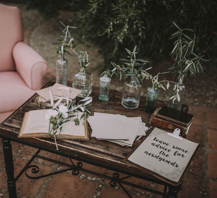 Guest Book Area with Olive Branch Decor