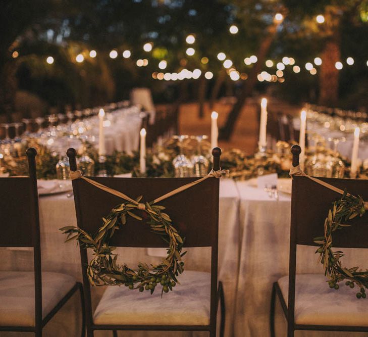 Outdoor Reception Chair Back Laurels & Festoon Lights