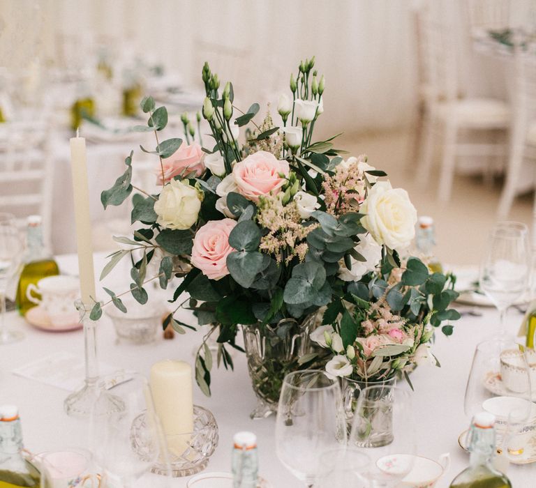 Elegant Table Settings With Pink Roses For A Marquee Wedding