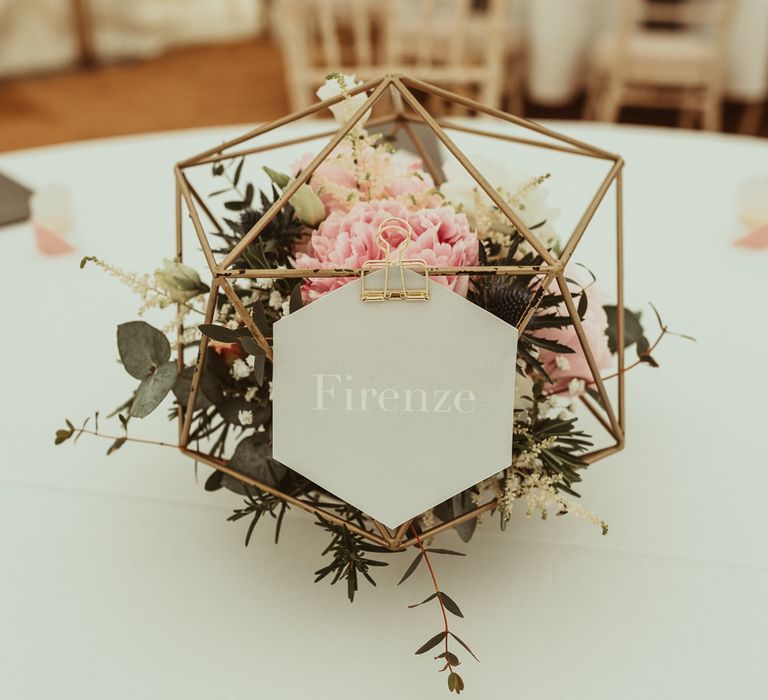 Gold Terrarium with Pink Flowers | DIY At Home Marquee Reception | Jess Soper Photography