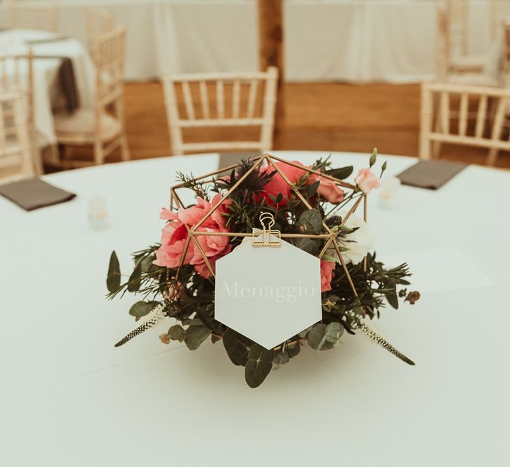 Gold Terrarium with Pink Flowers | DIY At Home Marquee Reception | Jess Soper Photography