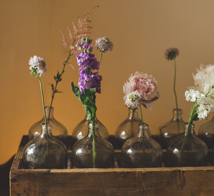 Budvases In Wooden Crate Wedding Decor