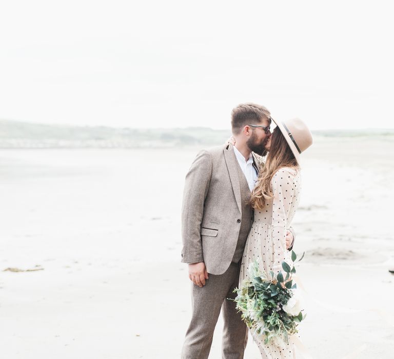 Coastal Elopement Shoot On The Beach With Bride In Polka Dot Dress & Felt Hat With Images By Emma Pilkington Fine Art Wedding Photographer