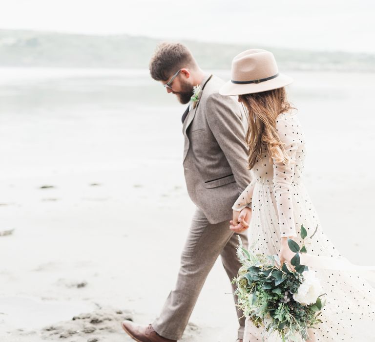 Coastal Elopement Shoot On The Beach With Bride In Polka Dot Dress & Felt Hat With Images By Emma Pilkington Fine Art Wedding Photographer