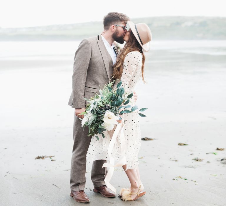 Coastal Elopement Shoot On The Beach With Bride In Polka Dot Dress & Felt Hat With Images By Emma Pilkington Fine Art Wedding Photographer