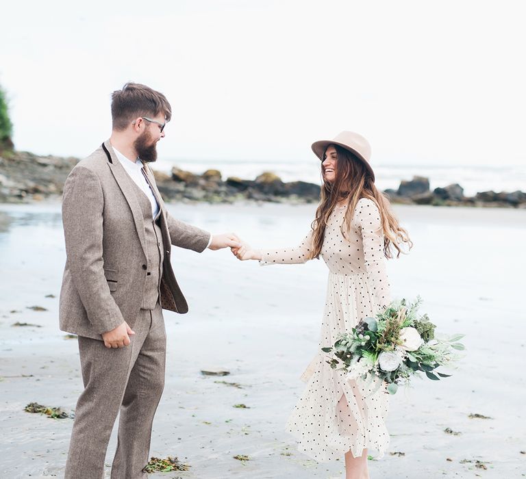 Coastal Elopement Shoot On The Beach With Bride In Polka Dot Dress & Felt Hat With Images By Emma Pilkington Fine Art Wedding Photographer