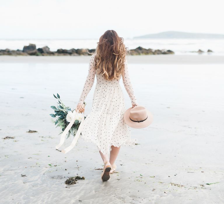 Coastal Elopement Shoot On The Beach With Bride In Polka Dot Dress & Felt Hat With Images By Emma Pilkington Fine Art Wedding Photographer