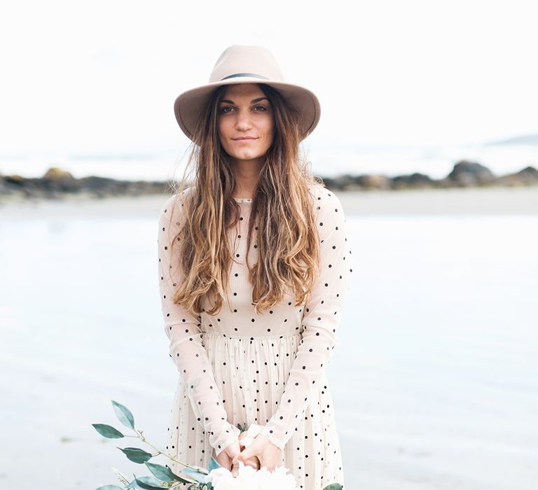 Coastal Elopement Shoot On The Beach With Bride In Polka Dot Dress & Felt Hat With Images By Emma Pilkington Fine Art Wedding Photographer