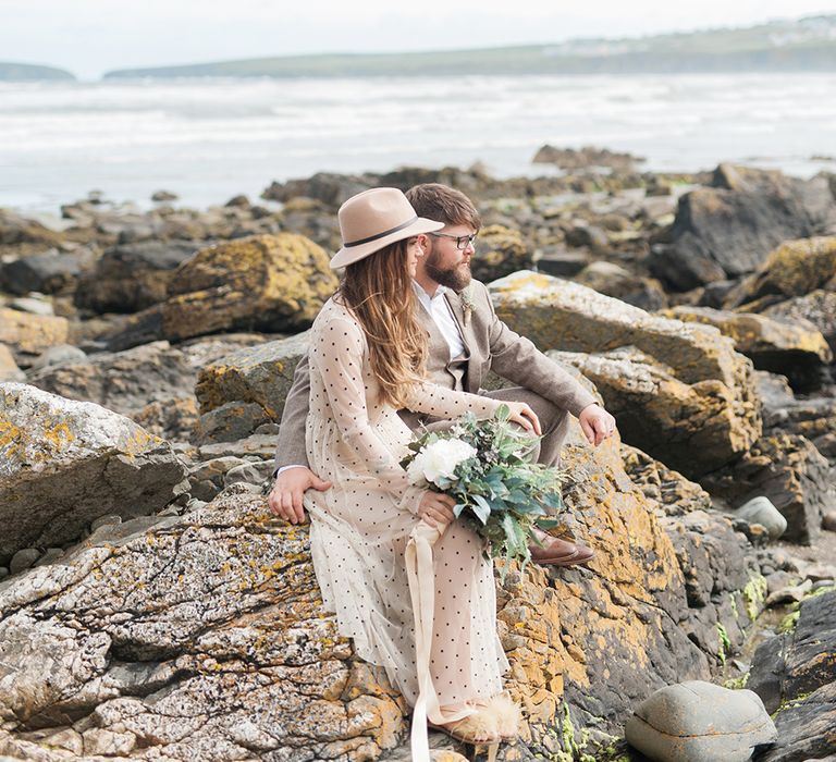 Coastal Elopement Shoot On The Beach With Bride In Polka Dot Dress & Felt Hat With Images By Emma Pilkington Fine Art Wedding Photographer