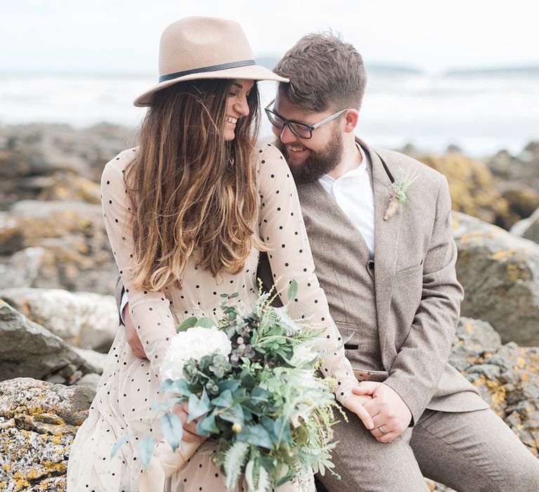 Coastal Elopement Shoot On The Beach With Bride In Polka Dot Dress & Felt Hat With Images By Emma Pilkington Fine Art Wedding Photographer