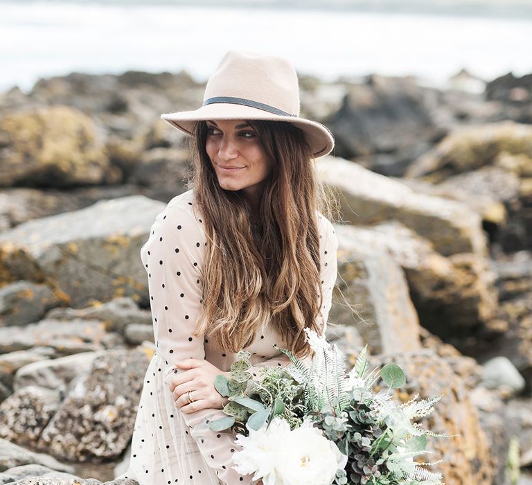 Coastal Elopement Shoot On The Beach With Bride In Polka Dot Dress & Felt Hat With Images By Emma Pilkington Fine Art Wedding Photographer