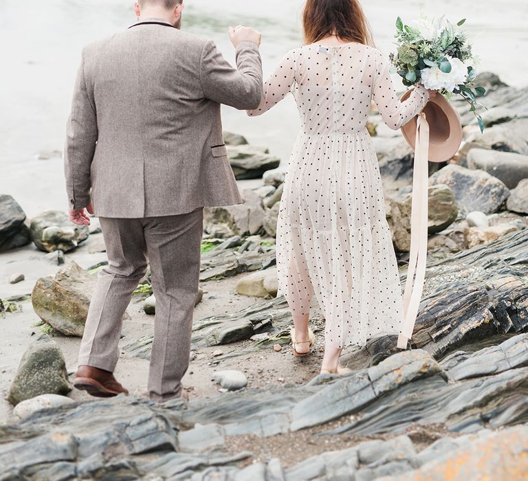 Coastal Elopement Shoot On The Beach With Bride In Polka Dot Dress & Felt Hat With Images By Emma Pilkington Fine Art Wedding Photographer