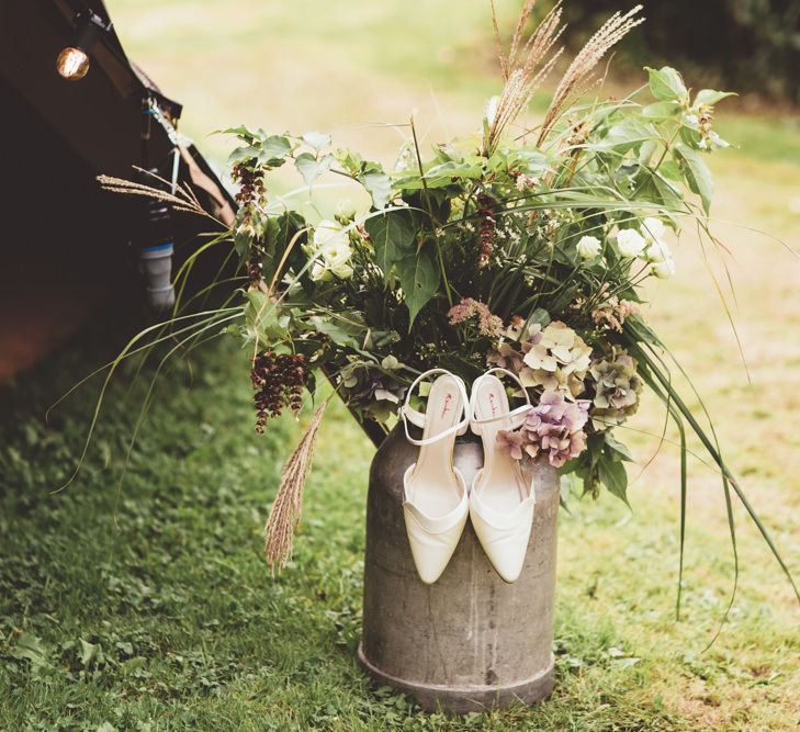 Rainbow Club Bridal Shoes | Flower Filled Milk Urn | Maryanne Weddings Photography