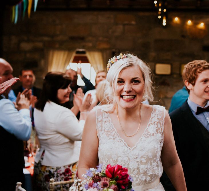 Bride in Catherine Deane Gown | Groom in Ben Sherman Suit, Bow Tie & Gingham Shirt | Colourful Barn Reception at Lineham Farm in Leeds | Shutter Go Click Photography