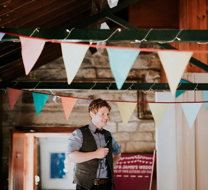 Speeches | Groom in Ben Sherman Suit, Bow Tie & Gingham Shirt | Colourful Barn Reception at Lineham Farm in Leeds | Shutter Go Click Photography