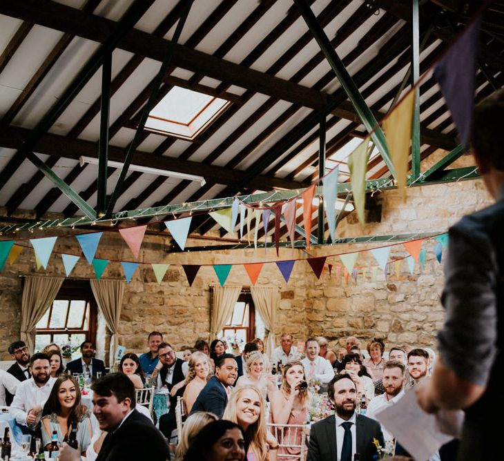 Speeches | Groom in Ben Sherman Suit, Bow Tie & Gingham Shirt | Colourful Barn Reception at Lineham Farm in Leeds | Shutter Go Click Photography