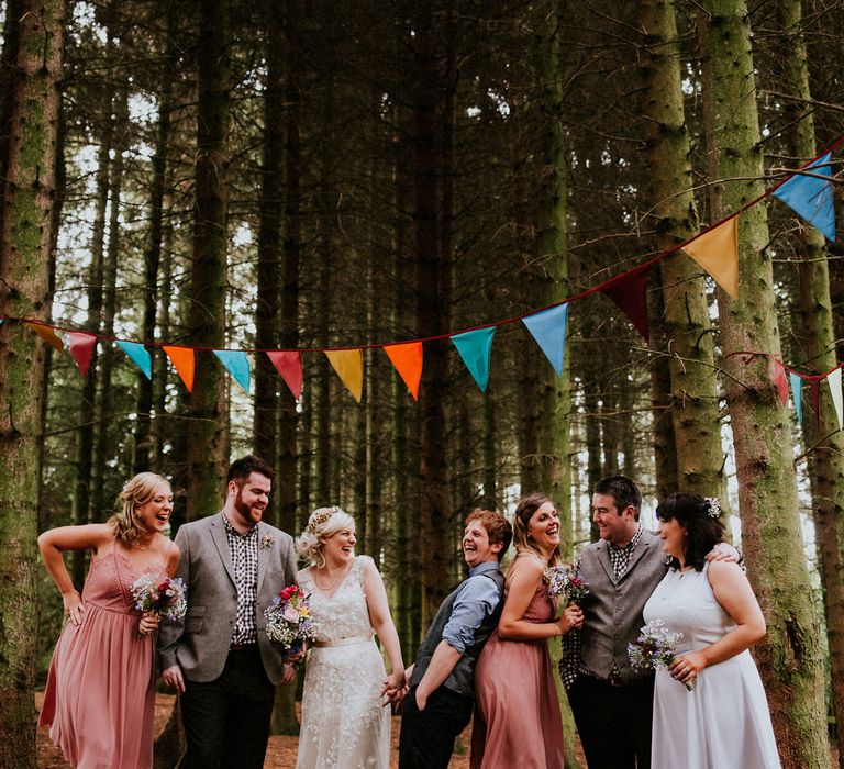 Wedding Party | Bride in Catherine Deane Gown | Groom in Ben Sherman Suit, Bow Tie & Gingham Shirt | Colourful Barn Reception at Lineham Farm in Leeds | Shutter Go Click Photography