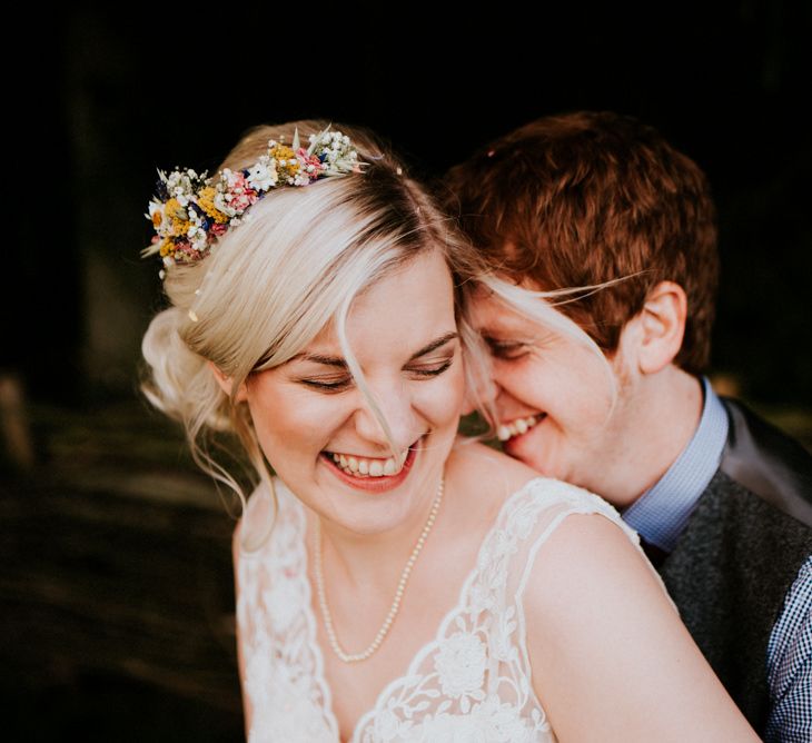 Bride in Artisan Dried Flowers Crown | Catherine Deane Gown | Groom in Ben Sherman Suit, Bow Tie & Gingham Shirt | Colourful Barn Reception at Lineham Farm in Leeds | Shutter Go Click Photography