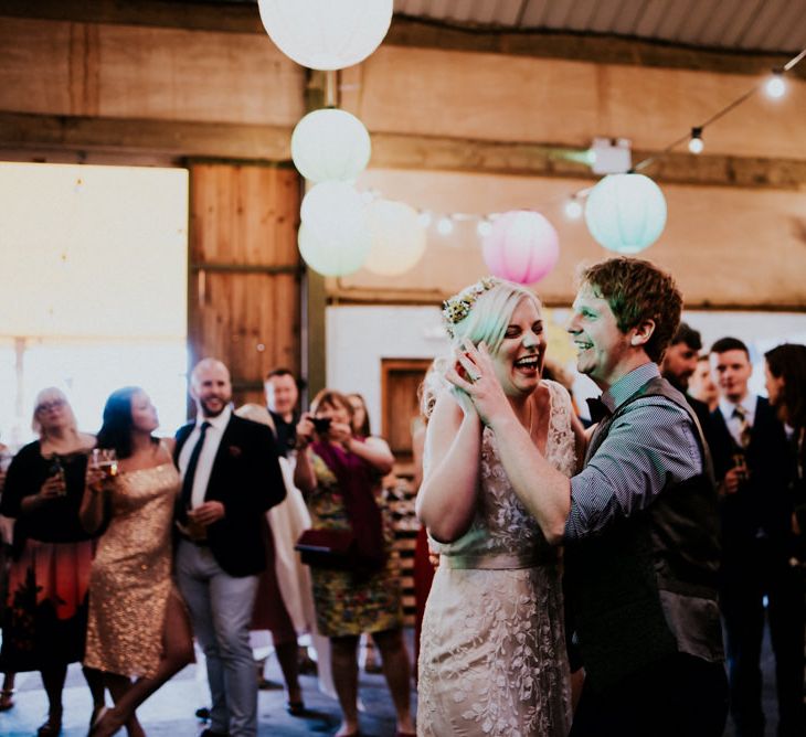 First Dance | Bride in Catherine Deane Gown | Groom in Ben Sherman Suit, Bow Tie & Gingham Shirt | Colourful Barn Reception at Lineham Farm in Leeds | Shutter Go Click Photography