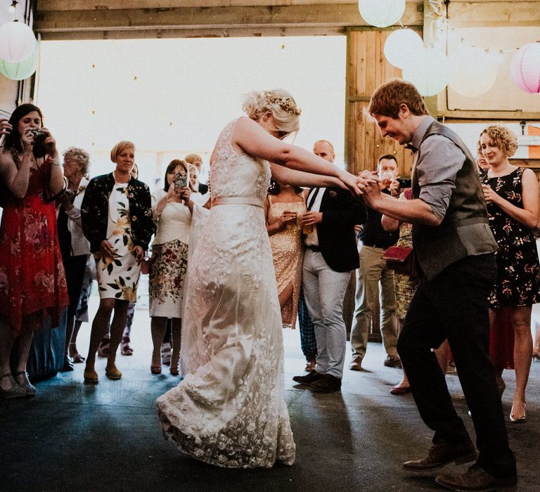 First Dance | Bride in Catherine Deane Gown | Groom in Ben Sherman Suit, Bow Tie & Gingham Shirt | Colourful Barn Reception at Lineham Farm in Leeds | Shutter Go Click Photography