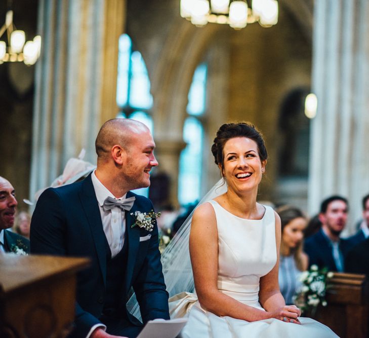 Church Wedding Ceremony | Bride in Pronovias Tami Wedding Dress | Groom in Blue Moss Bros Suit | Michelle Wood Photography