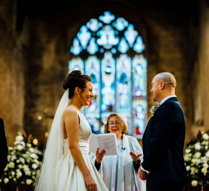 Church Wedding Ceremony | Bride in Pronovias Tami Wedding Dress | Groom in Blue Moss Bros Suit | Michelle Wood Photography