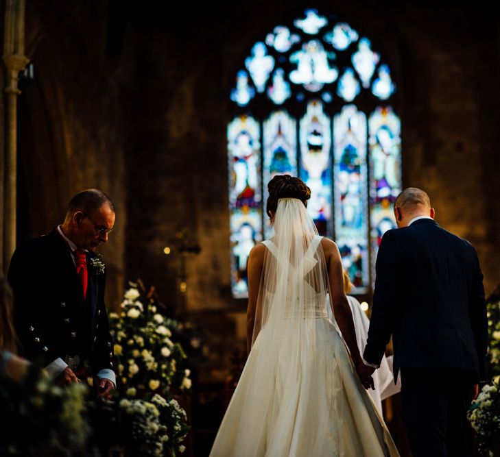 Church Wedding Ceremony | Bride in Pronovias Tami Wedding Dress | Groom in Blue Moss Bros Suit | Michelle Wood Photography