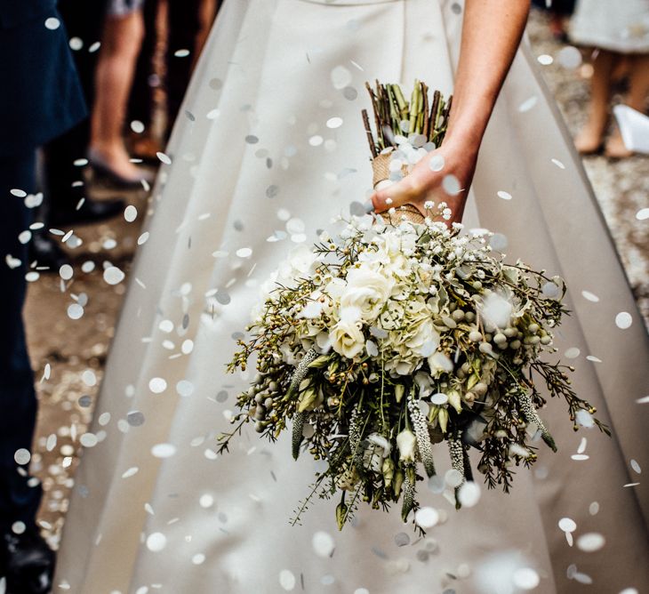 White & Greenery Bridal Bouquet | Confetti Exit | Bride in Pronovias Tami Wedding Dress | Michelle Wood Photography