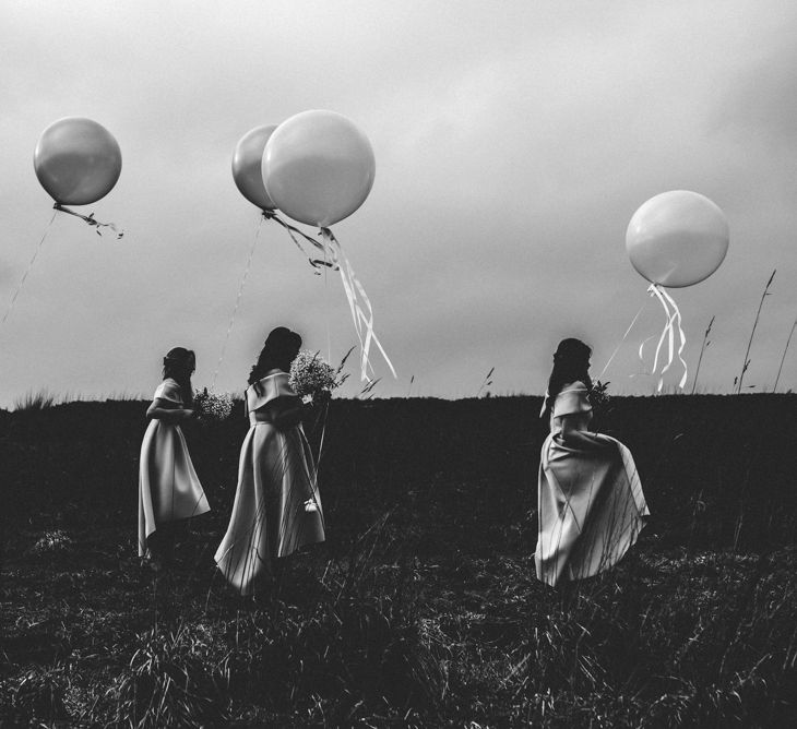 Giant Balloons | Bridesmaids in Grey ASOS High Low Bardot Dresses | Bride in Pronovias Tami Wedding Dress | Michelle Wood Photography