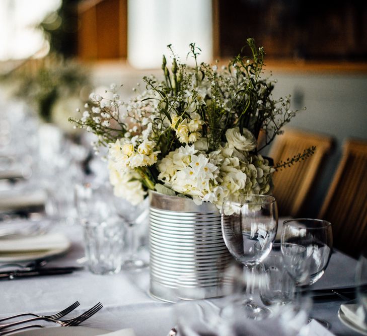 Tin Can & Floral Centrepieces | Wedding Decor | Industrial Wedding at Cripps Stone Barn with White & Greenery Flowers | Michelle Wood Photography