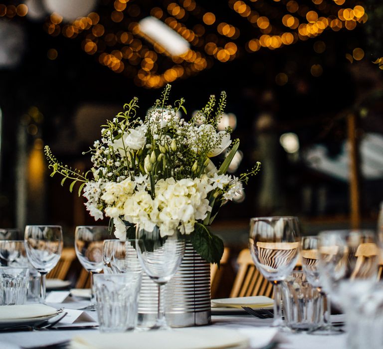 Tin Can & Floral Centrepieces | Wedding Decor | Industrial Wedding at Cripps Stone Barn with White & Greenery Flowers | Michelle Wood Photography