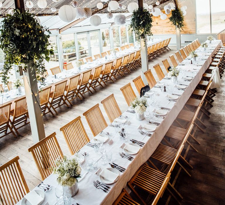 Tin Can & Floral Centrepieces | Wedding Decor | Industrial Wedding at Cripps Stone Barn with White & Greenery Flowers | Michelle Wood Photography