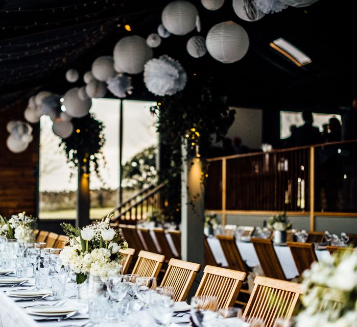 Hanging Paper Lanterns & Fairy Lights | Wedding Decor | Industrial Wedding at Cripps Stone Barn with White & Greenery Flowers | Michelle Wood Photography