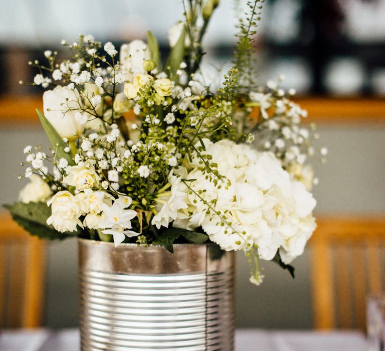 Tin Can & Floral Centrepieces | Wedding Decor | Industrial Wedding at Cripps Stone Barn with White & Greenery Flowers | Michelle Wood Photography