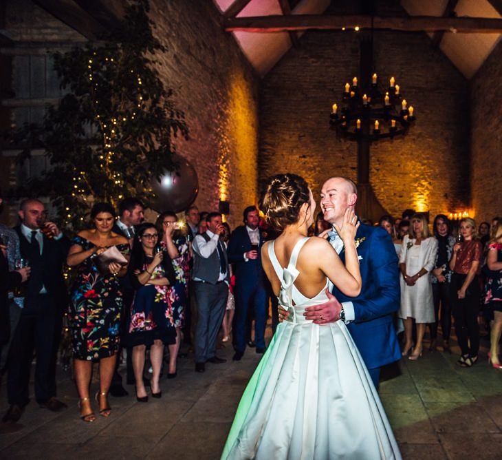 First Dance | Bride in Pronovias Tami Wedding Dress | Groom in Blue Moss Bros Suit | Michelle Wood Photography