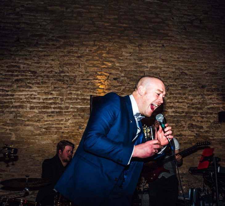 Karaoke Band | Groom in Blue Moss Bros Suit | Michelle Wood Photography