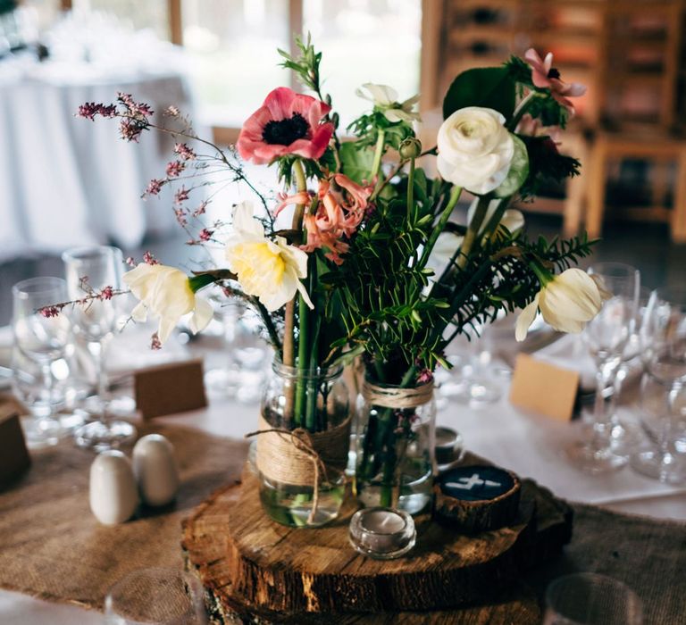 Rustic Tree Slice & Flowers in Jars Centrepiece | Dale Weeks Photography