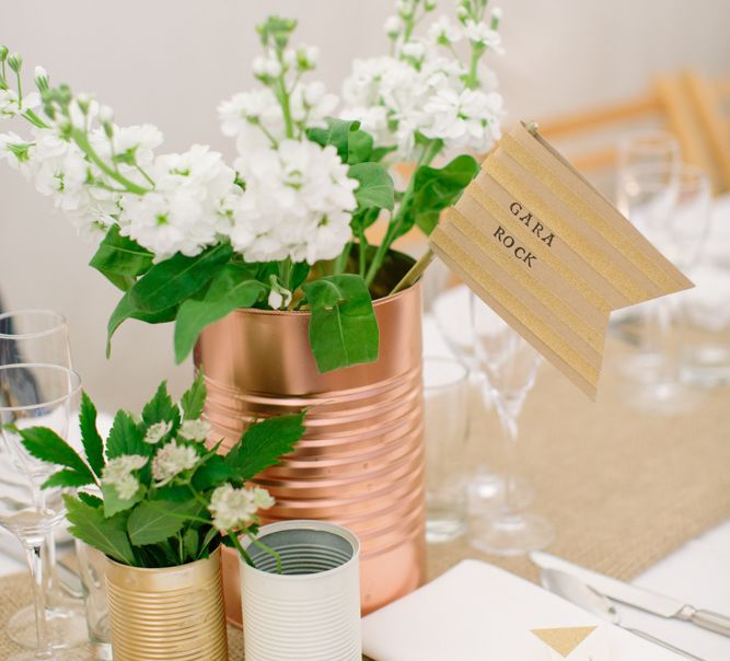 Spray Painted Copper Tin Cans & White Flowers