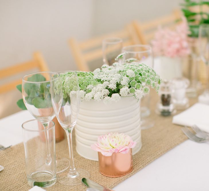 Spray Painted Copper Tin Cans & White Flowers